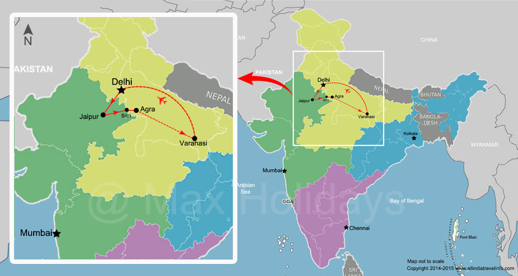 Map Golden Triangle Tour with Varanasi
